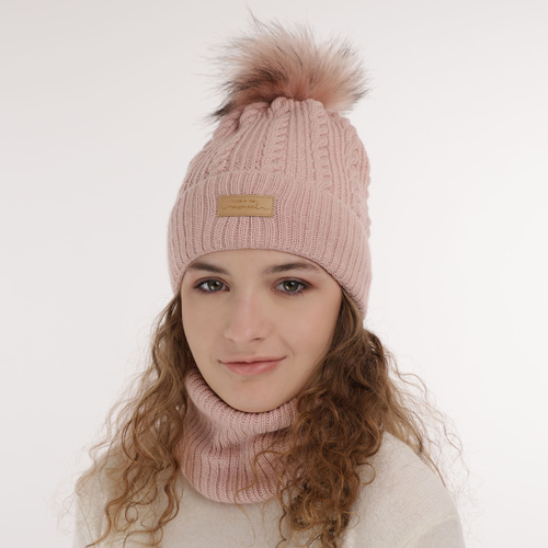 Flicka vinter set: mössa och tubhalsduk, krem, med pompom, Alika