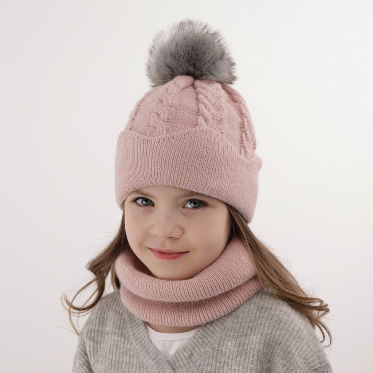Flicka vinter set: mössa och tubhalsduk, grå, med pompom, Etula
