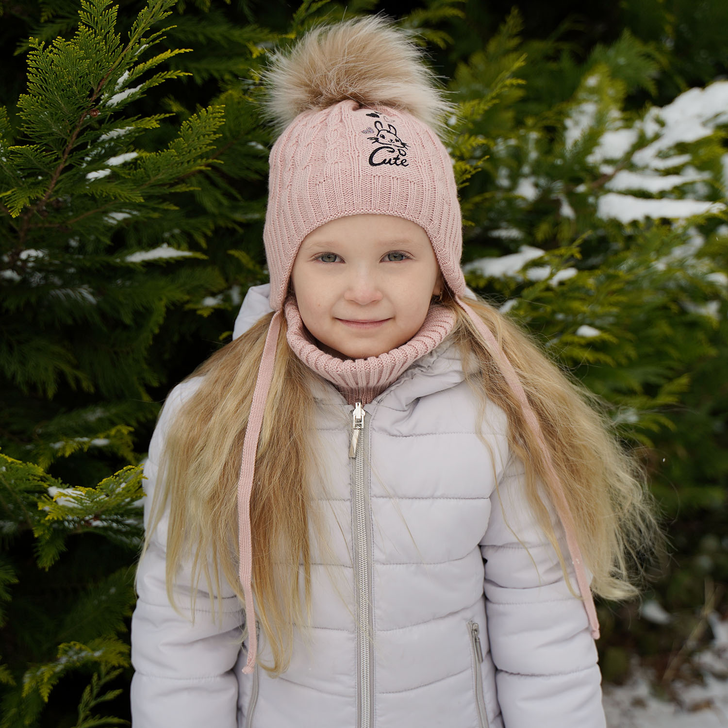 Flicka vinter set: mössa och tubhalsduk, grå, med pompom, Treccia