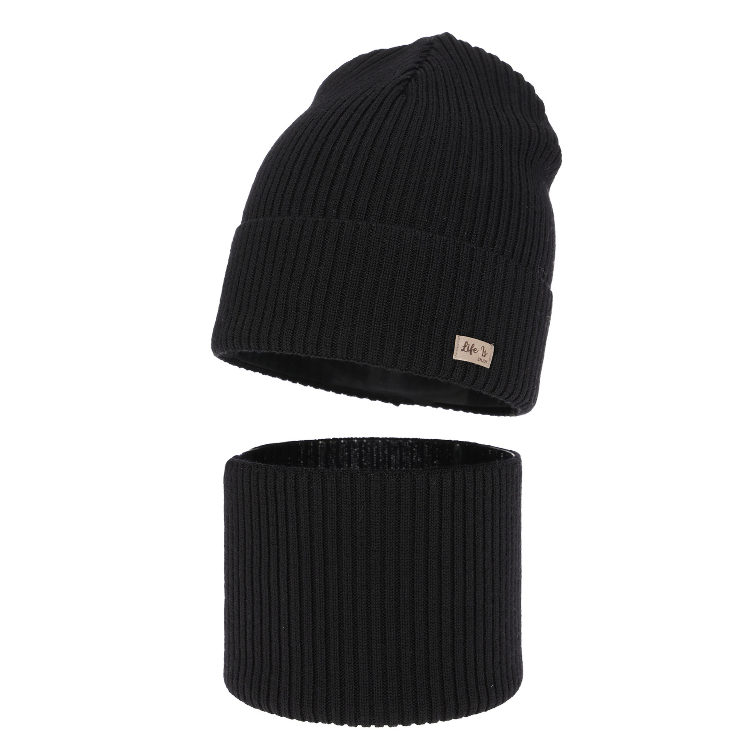 Flicka höst/vår set: mössa och tubhalsduk, svart, 100% Merino Ull, Itra
