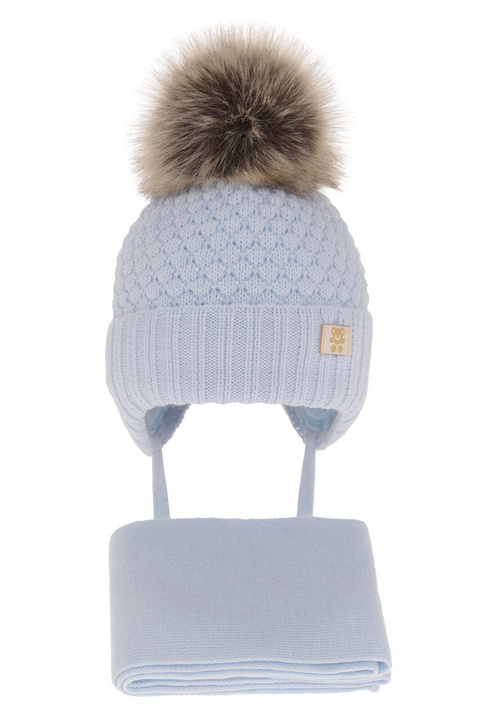 Pojke vinter set: mössa och halsduk, blå, med knytband, med pompom, Norberto