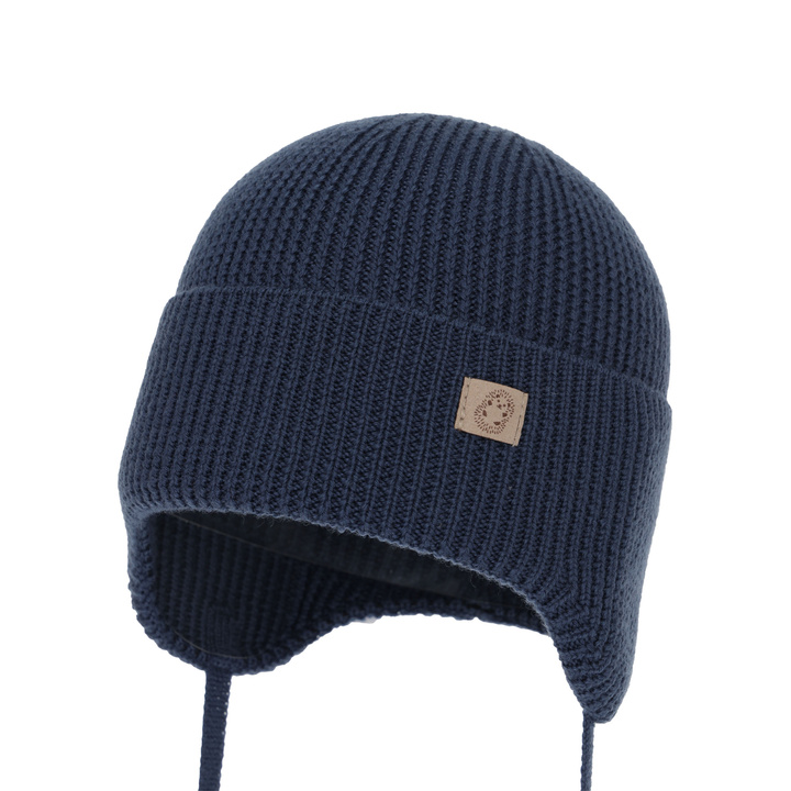 Pojke höst/vår mössa, granatowa, 100% Merino Ull, Med knytband, Bakadi