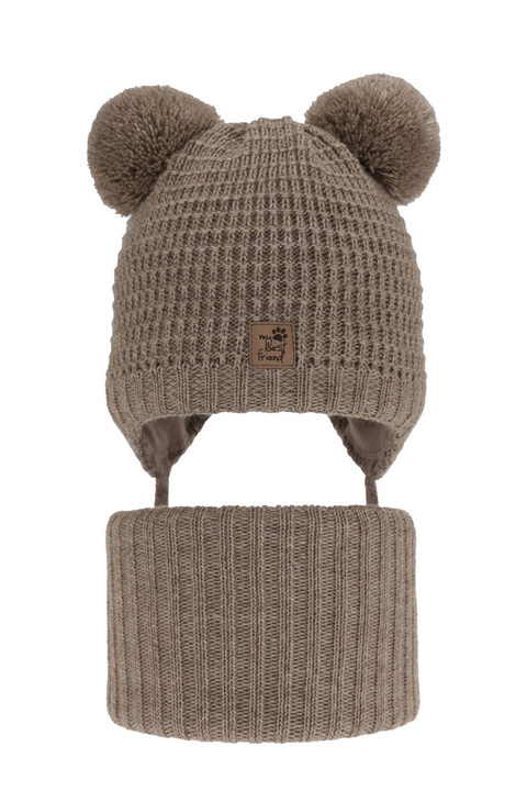 Pojke vinter set: mössa och halsduk, beige, med två pompommar, wiązany Krispi