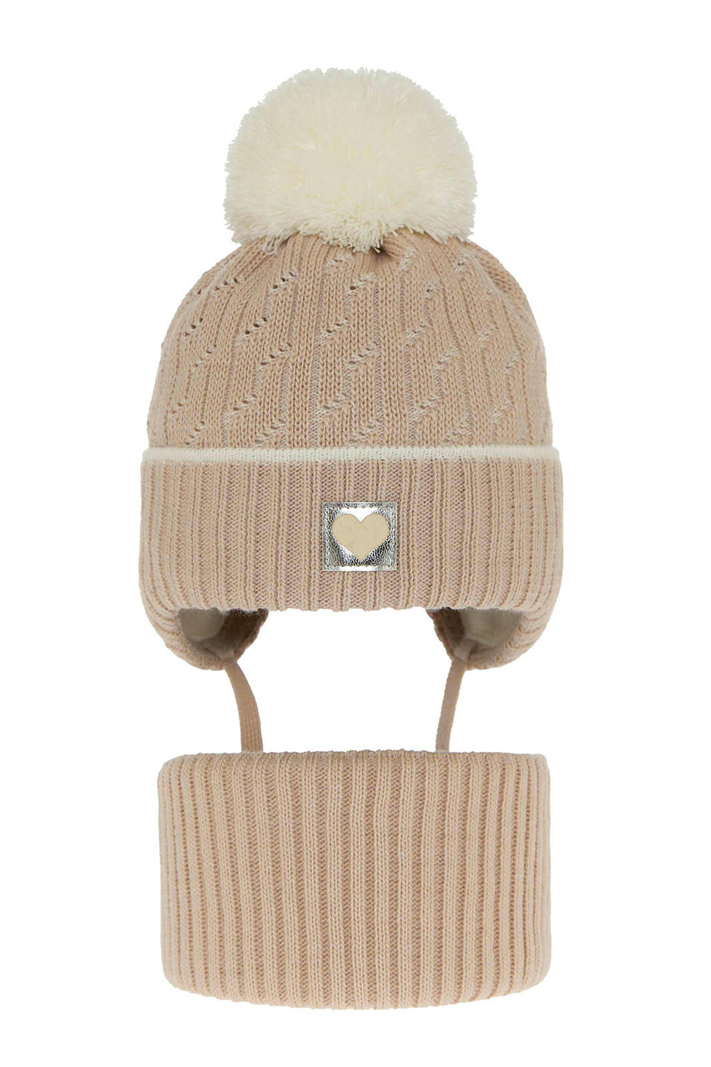 Flicka vinter set: mössa och halsduk, beige, med pompom, Natka