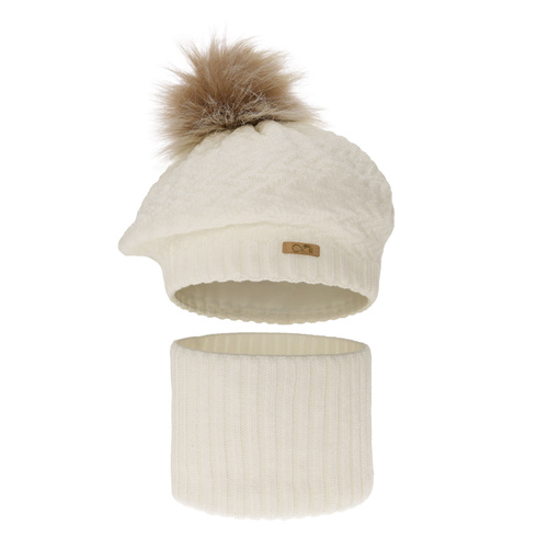 Flicka vinter set: mössa och halsduk, creme, med pompom, Atene
