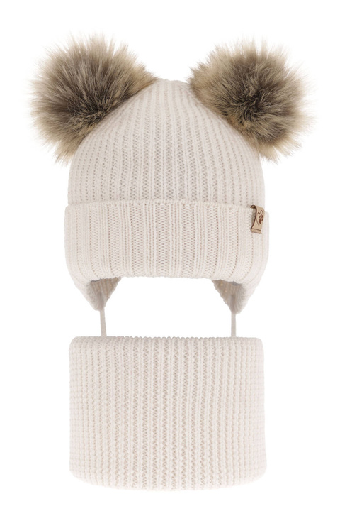 Flicka vinter set: mössa och halsduk, vit, med två pompommar, wiązany, 100% Merino Ull, Silvia
