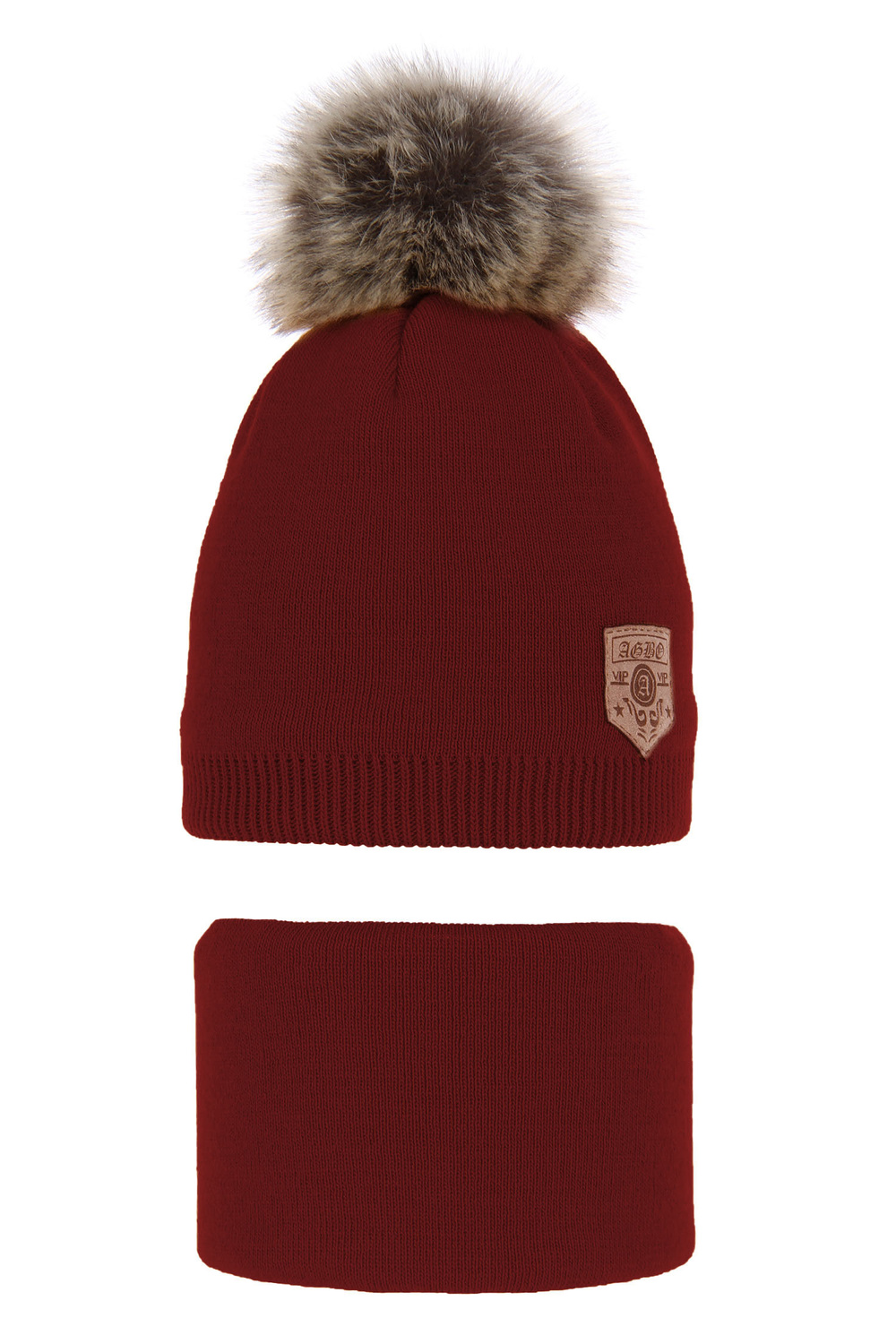 Pojke vinter set: mössa och tubhalsduk, bordeaux, med pompom, Apolin