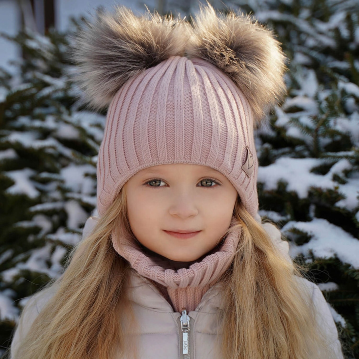 Flicka vinter set: mössa och tubhalsduk, rosa, med två pompommar, knytband, Telisa