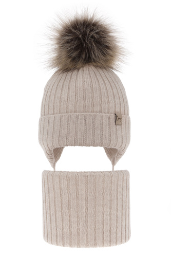 Flicka vinter set: mössa och halsduk, beige, med merinull, med knytband, Junika