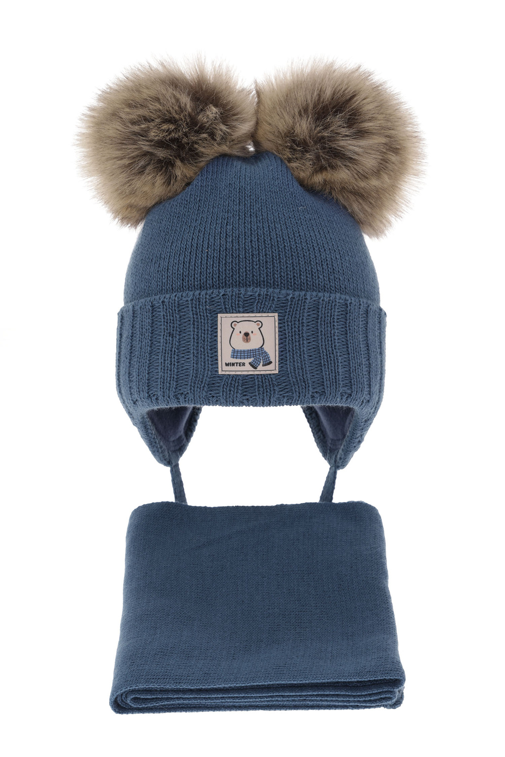 Pojke vinter set: mössa och halsduk, blå, med två pompommar, Jewel