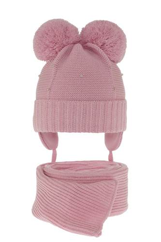 Flicka vinter set: mössa och halsduk, rosa, med två pompommar, Fibien