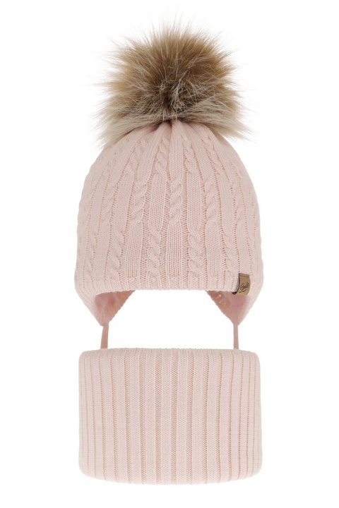 Flicka vinter set: mössa och halsduk, ljusrosa, med pompom, knytband, Loreley