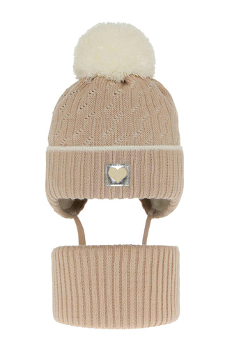 Flicka vinter set: mössa och halsduk, beige, med pompom, Natka