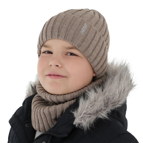 Pojke vinter set: mössa och tubhalsduk, brun, med merinull, fodrad med fleece, Banasko