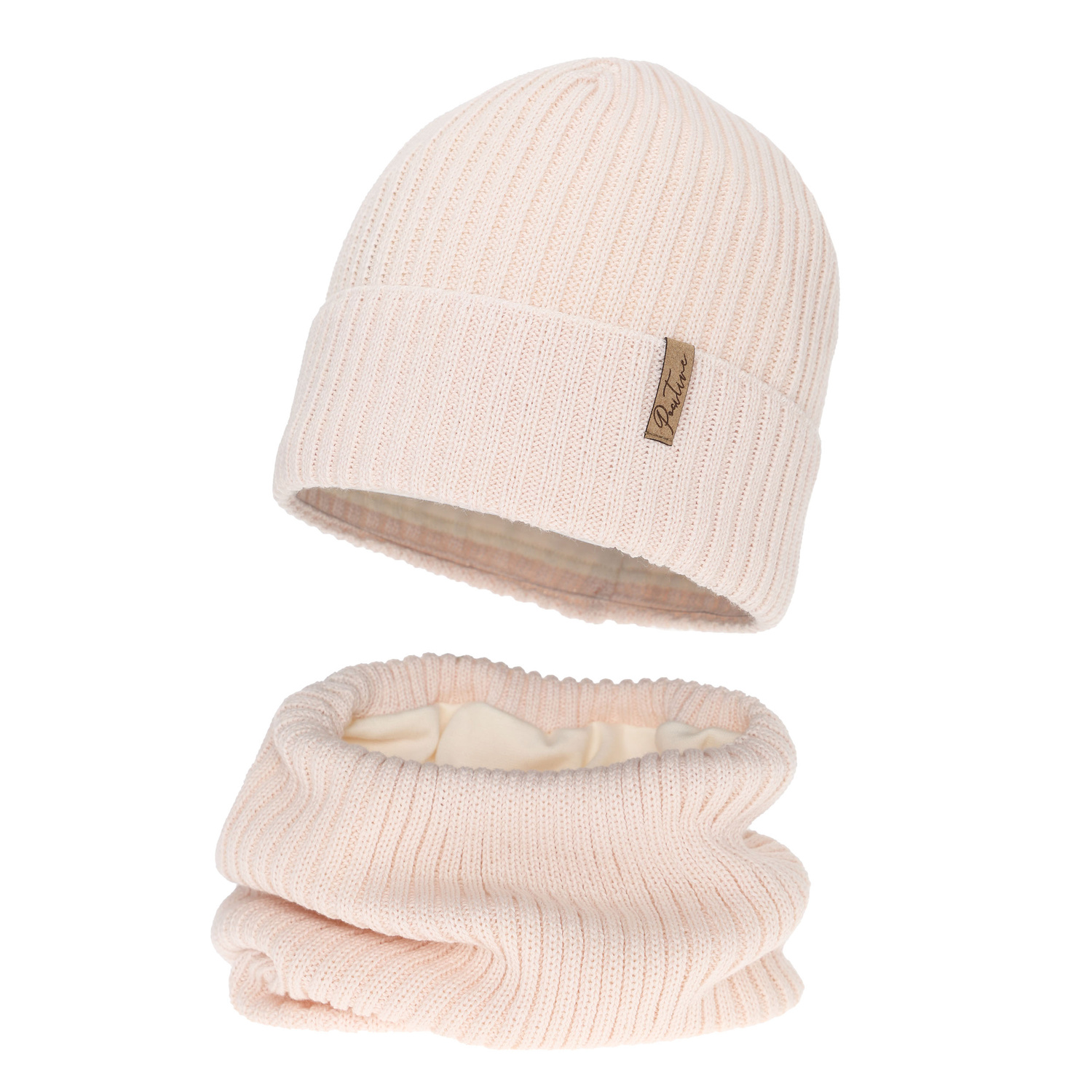 Flicka vinter set: mössa och tubhalsduk fodrad med fleece, rosa, med merinull, Odette