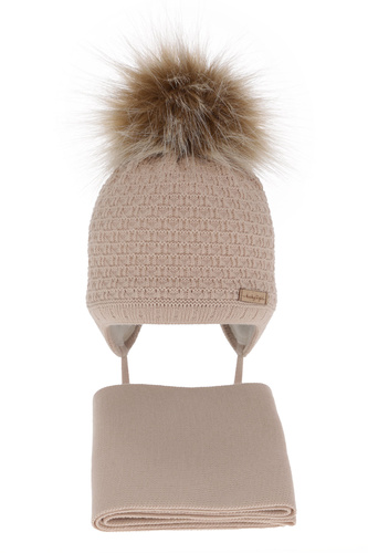 Flicka vinter set: mössa och halsduk, beige, med pompom, Clotilde