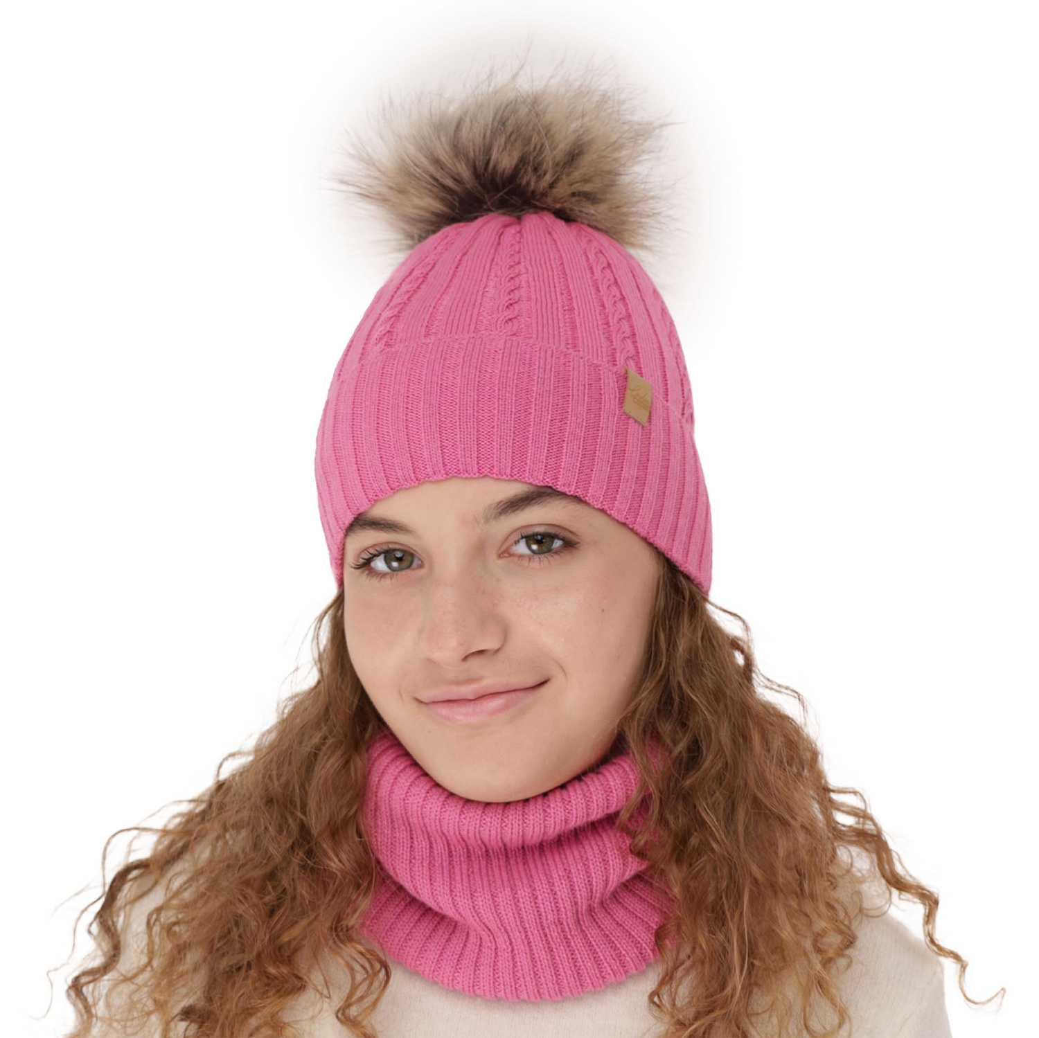 Flicka vinter set: mössa och halsduk, beige, med merinull, Mirabel