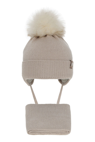 Flicka vinter set: mössa och halsduk, beige, med knytband, med pompom, med merinull, Arika