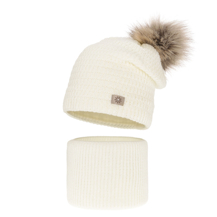 Flicka vinter set: mössa och tubhalsduk, kremowy, med pompom, Germina