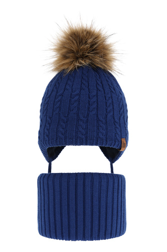 Pojke vinter set: mössa och tubhalsduk, mörkblå, med pompom, knytband, Indigo