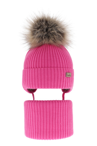 Flicka vinter set: mössa och halsduk, rosa, med knytband, med pompom, Bria