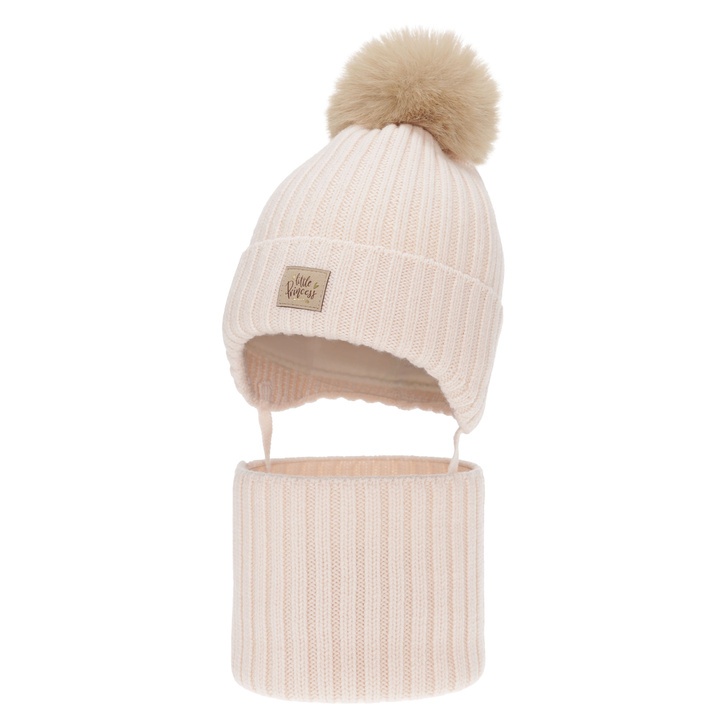 Flicka vinter set: mössa och tubhalsduk, ljusrosa, 100% Merino Ull, med knytband, fodrad med bomull, Malesia