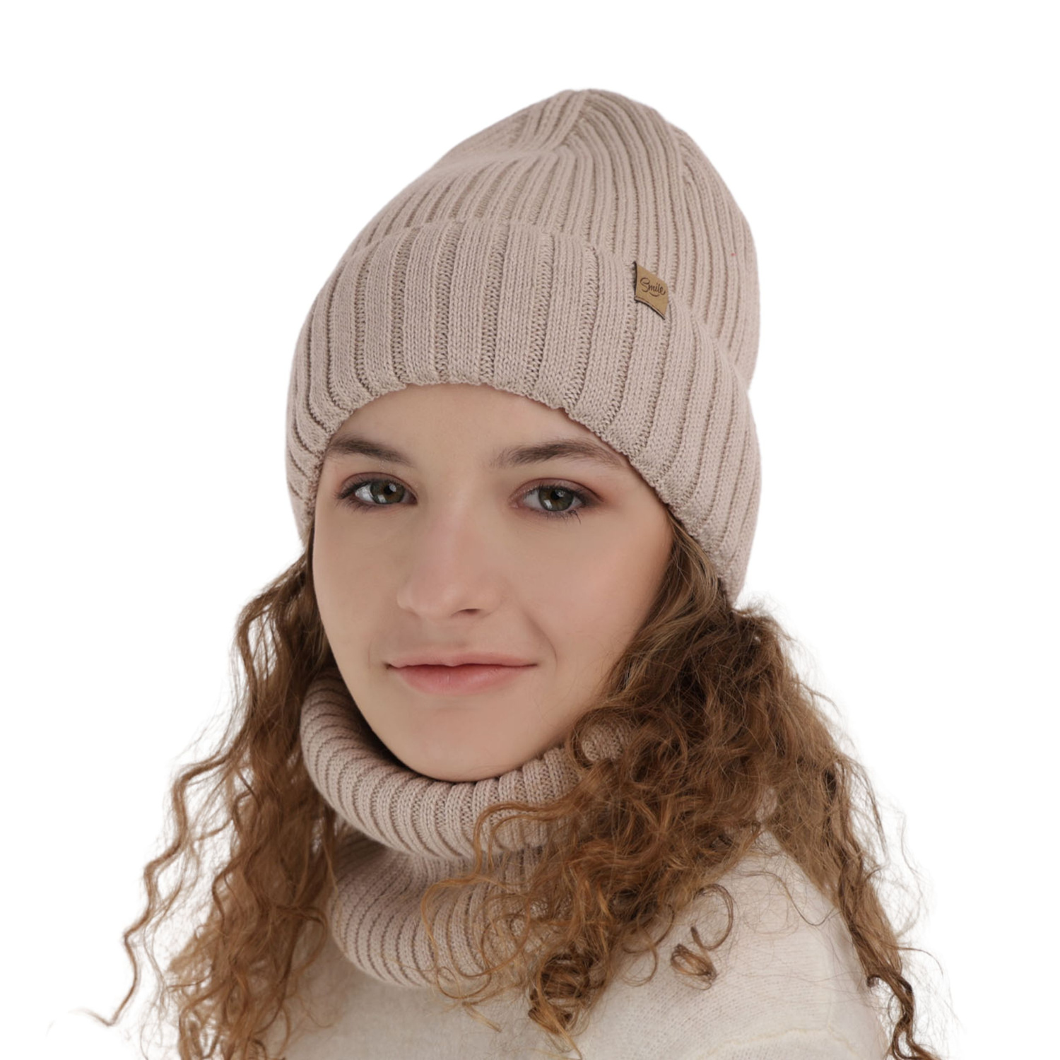 Flicka vinter set: mössa och halsduk, beige, med merinull, Mesalia