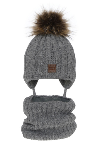 Pojke vinter set: mössa och tubhalsduk, grå, med pompom, knytband, Casper