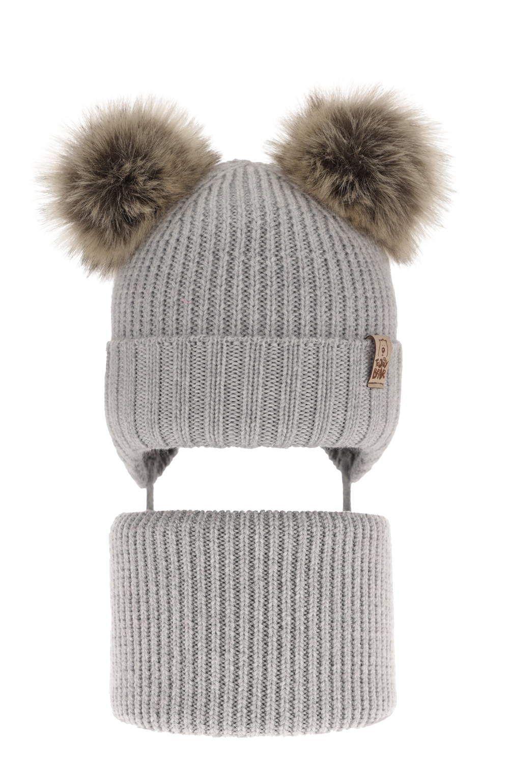 Pojke vinter set: mössa och halsduk, grå, med knytband, 100% Merino Ull, Konor
