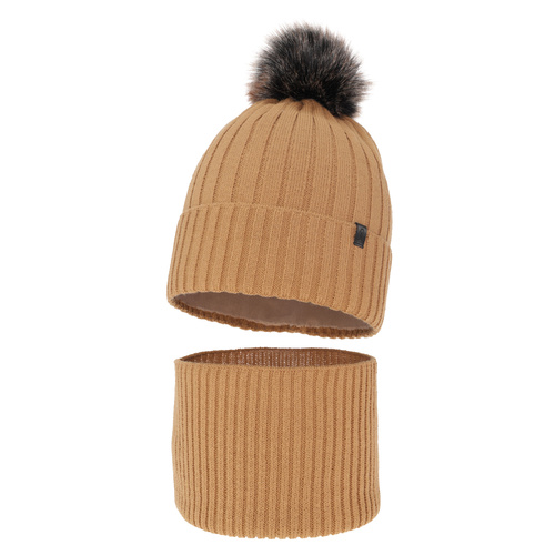 Pojke vinter set: mössa och halsduk, camel, med pompom, Relax