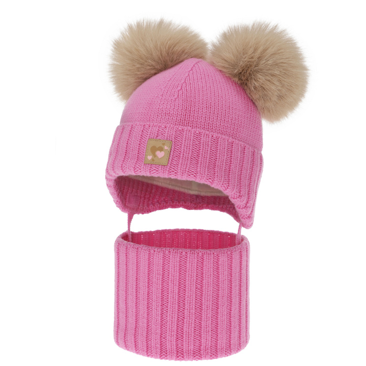 Flicka mössa och tubscarf, vinter set, rosa, 100% merinull, fodrad med ullfleece, Ronia