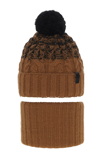 Pojke vinter set: mössa och tubhalsduk, brun, med pompom, Travis