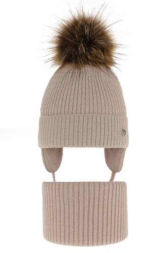 Flicka vinter set: mössa och tubhalsduk, beige, med pompom, Debra