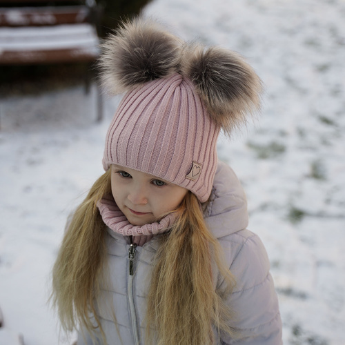 Flicka vinter set: mössa och halsduk, rosa, med två pompommar, wiązany, Telisa