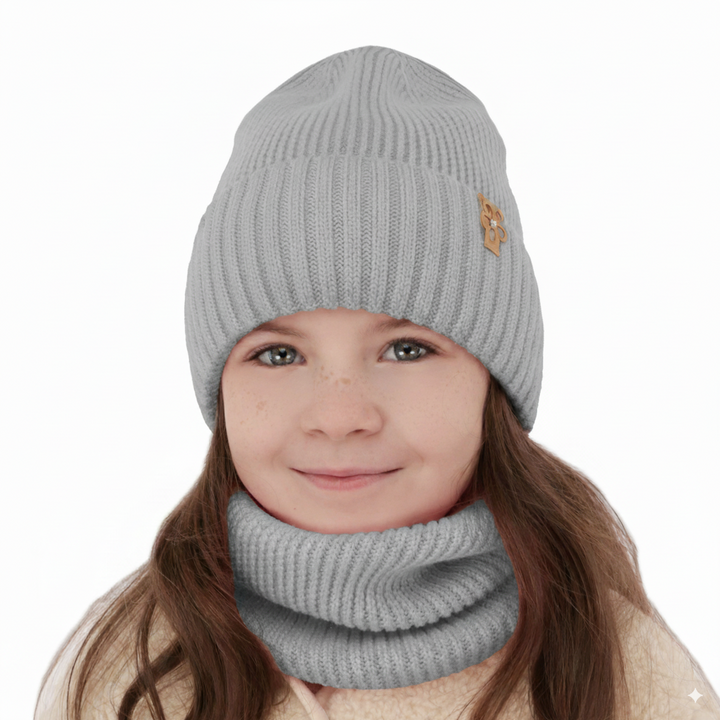 Flicka vinter set: mössa och tubhalsduk, grå, 100% Merino Ull, Nelita