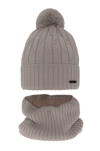 Pojke vinter set: mössa och tubhalsduk, beige, med pompom, med merinull, Talar