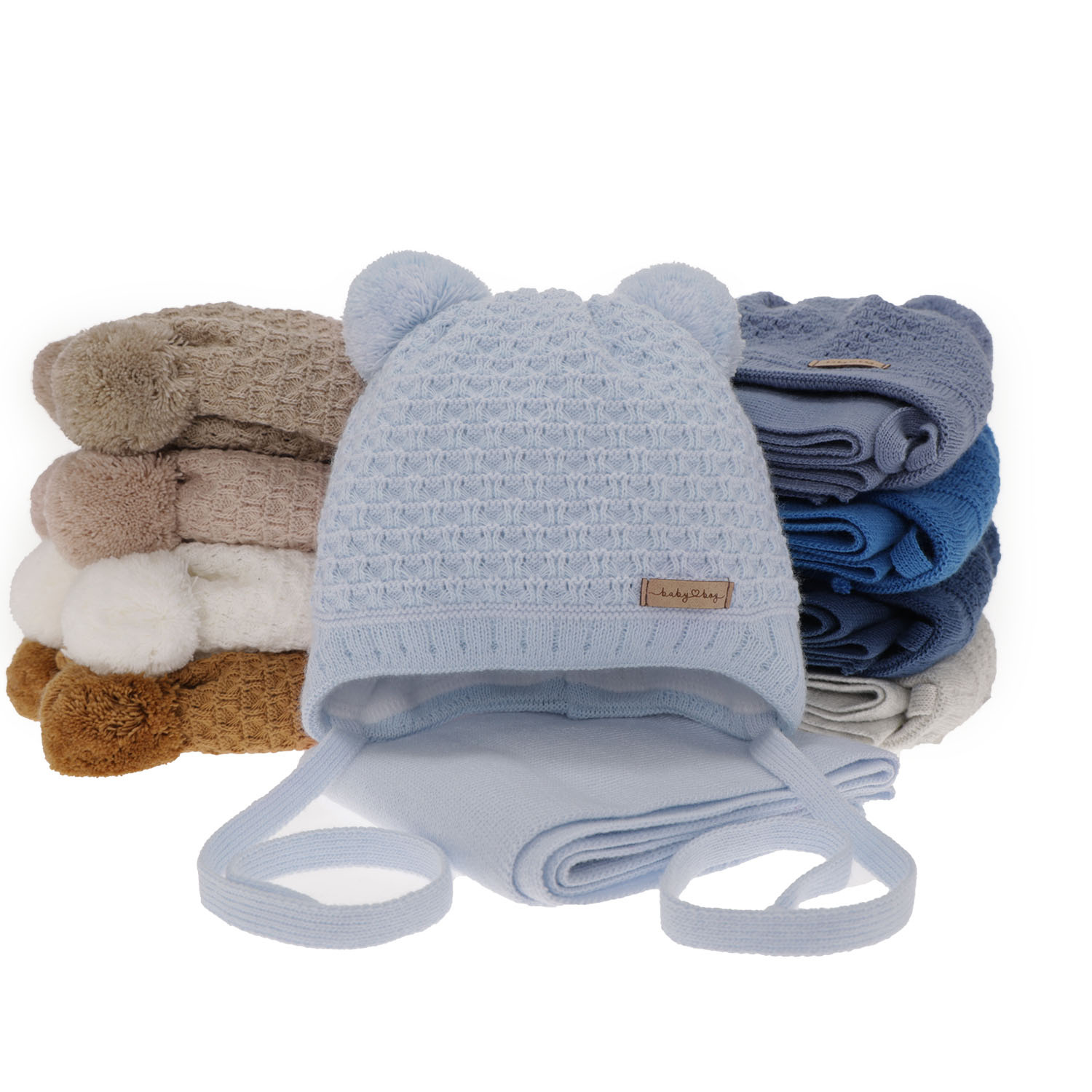 Pojke vinter set: mössa och halsduk, camel, med två pompommar, wiązany, Franki