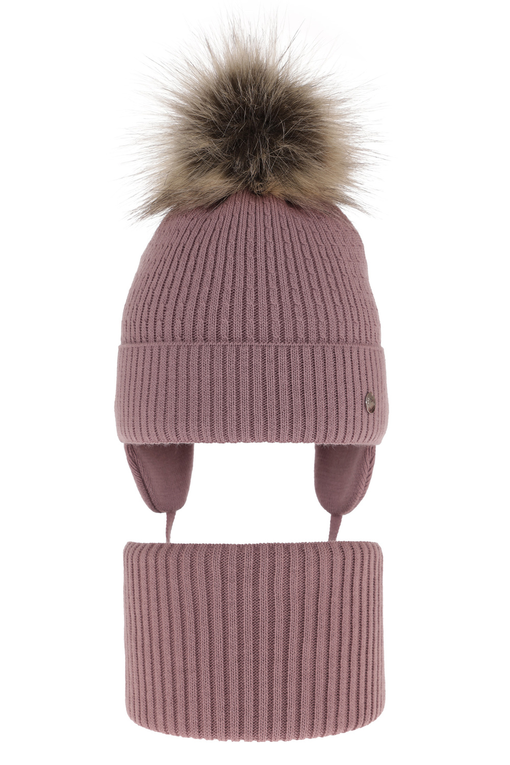 Flicka vinter set: mössa och tubhalsduk, lila, med knytband, med pompom, Debra