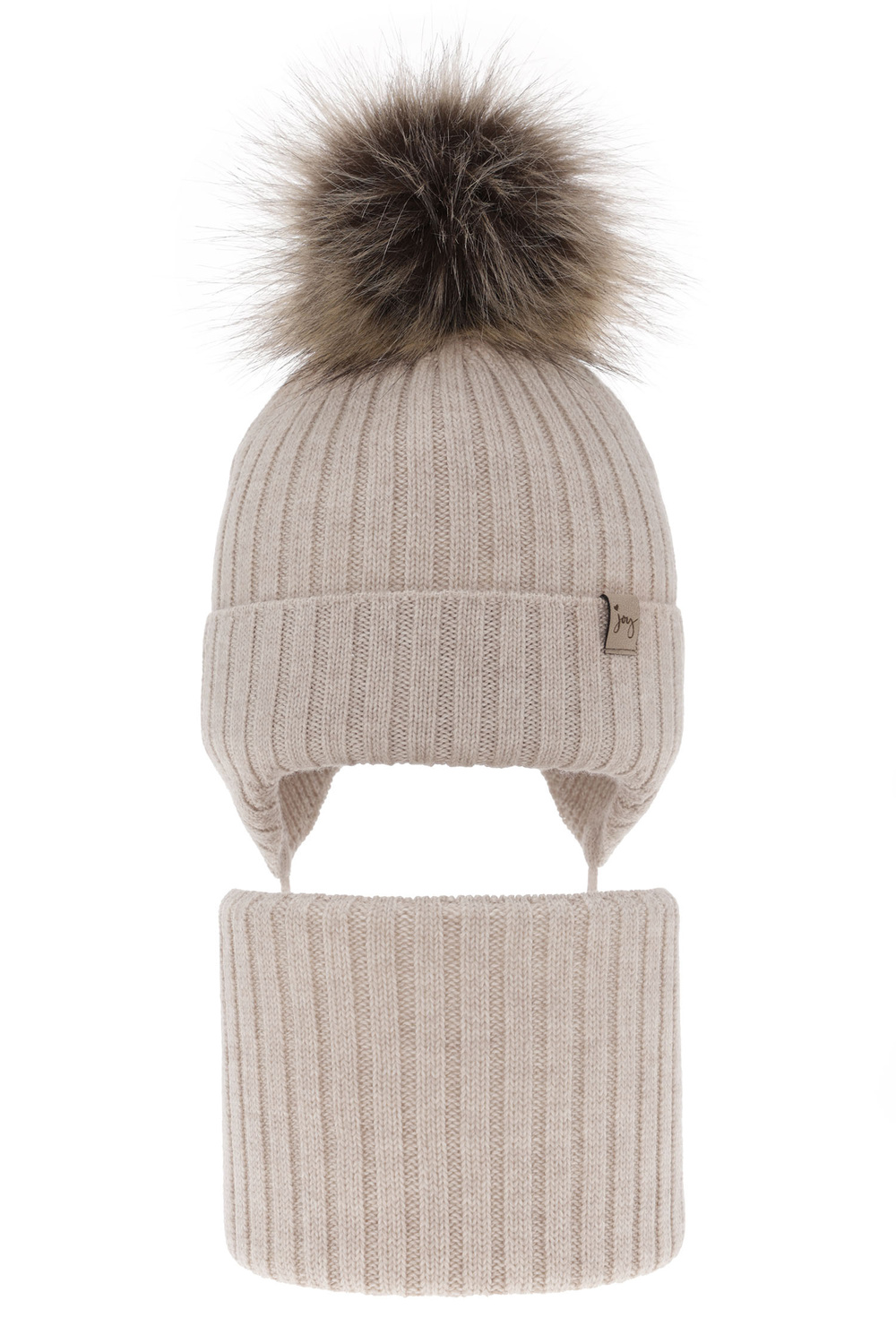 Flicka vinter set: mössa och halsduk, beige, med merinull, med knytband, Junika
