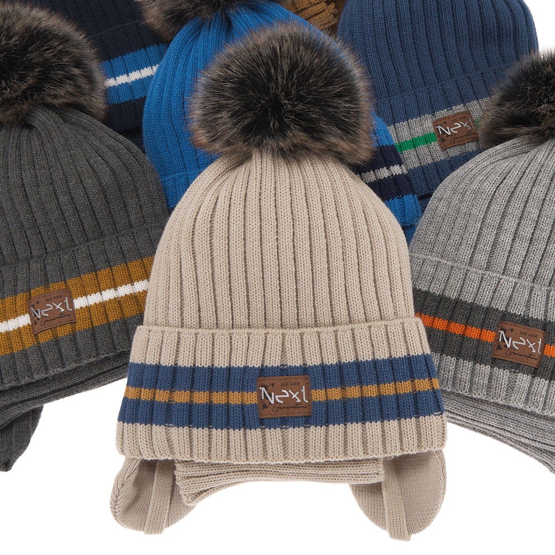 Pojke vinter set: mössa och halsduk, camel, med pompom, wiązany, Echo