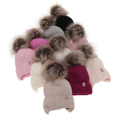 Flicka vinter set: mössa och tubhalsduk, ljusrosa, med knytband, 100% Merino Ull, med pompom, Junika