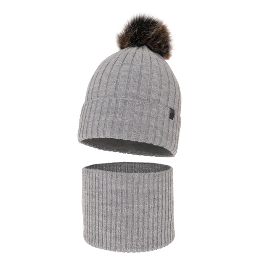 Pojke vinter set: mössa och tubhalsduk, ljusgrå, med pompom, Relax