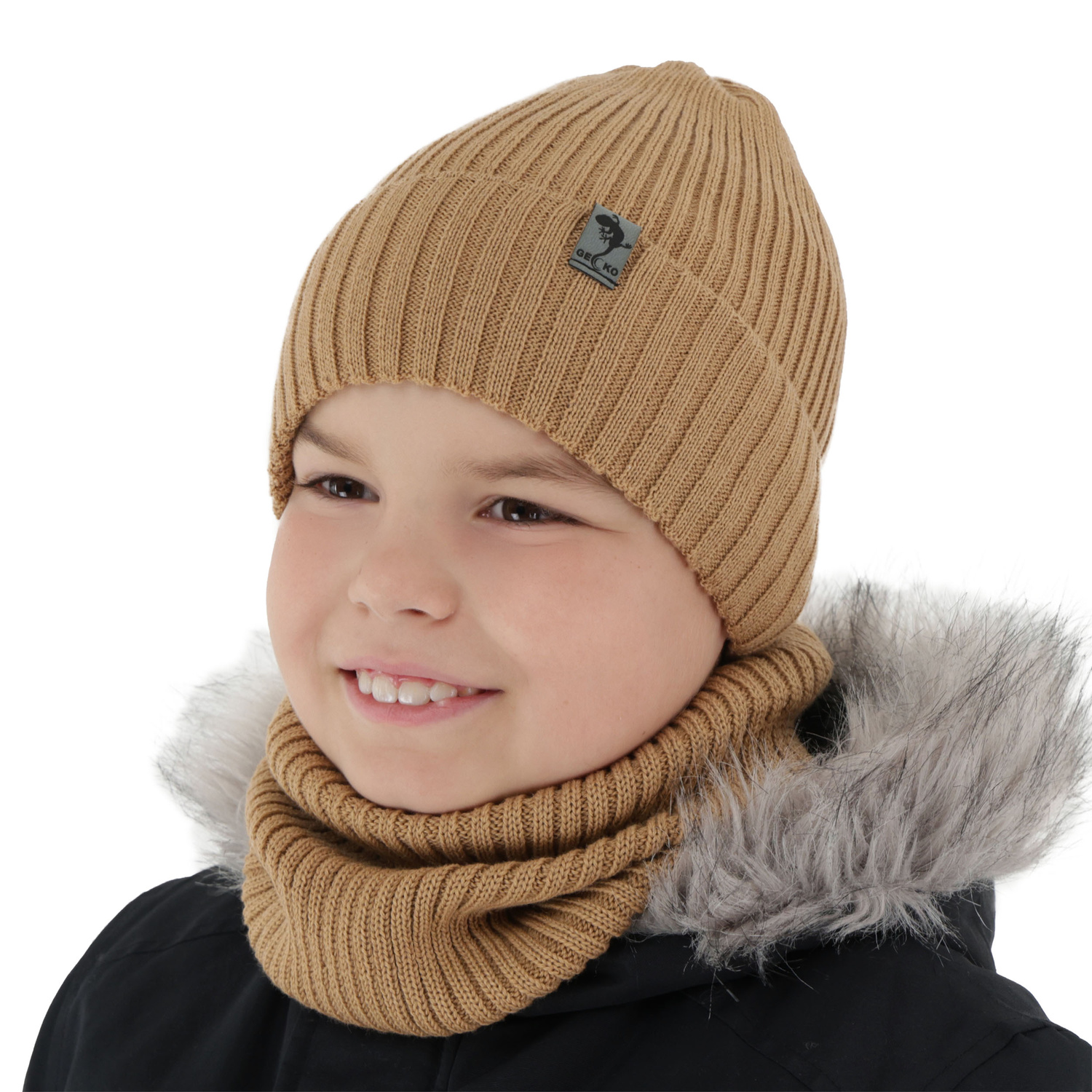 Pojke vinter set: mössa och tubhalsduk, camel, med merinull, fodrad med fleece, Gecko
