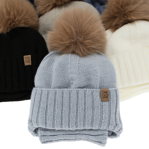 Pojke vinter set: mössa och tubhalsduk, beiger, med pompom, Talens