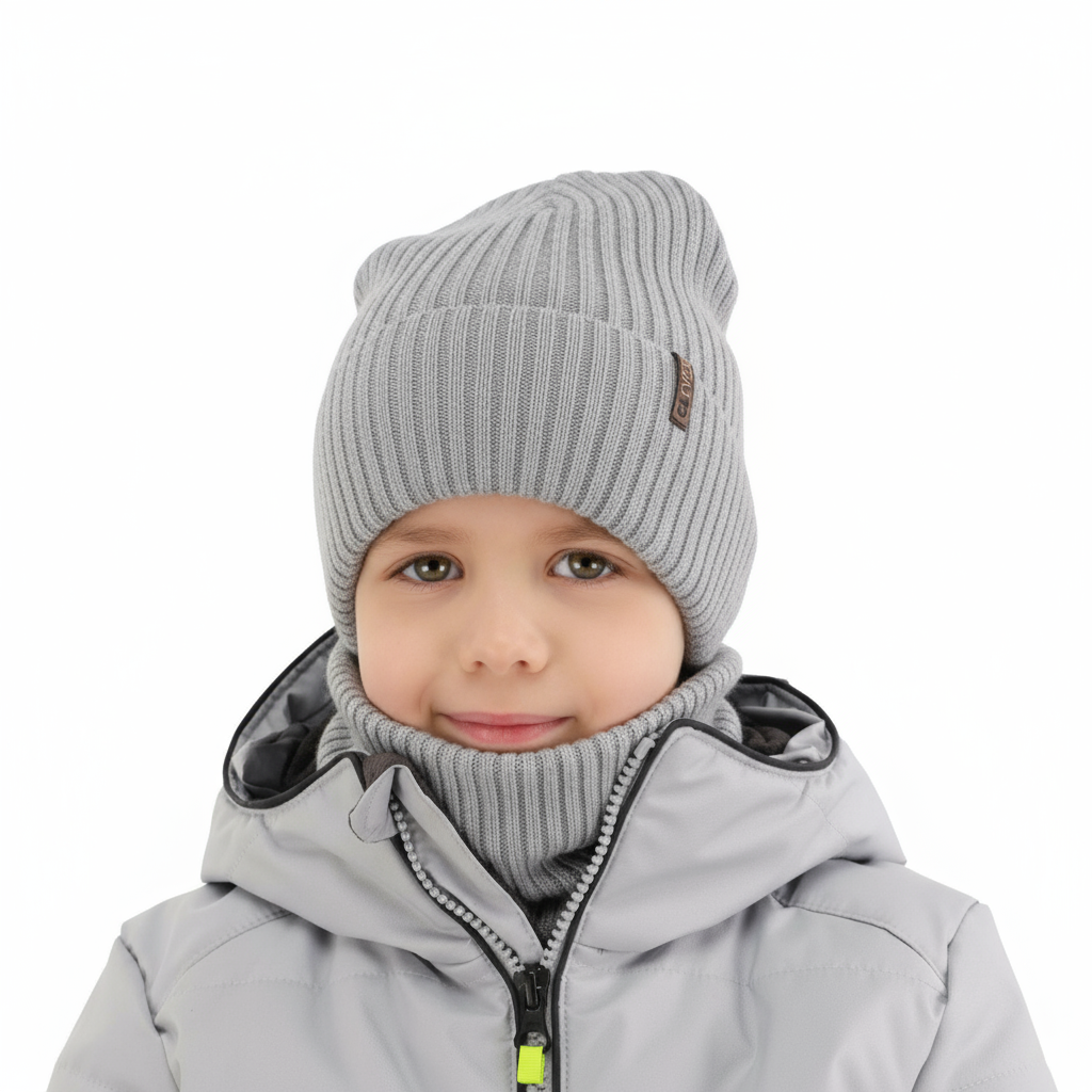 Pojke vinter set: mössa och tubhalsduk, grå, 100% Merino Ull, Gizmo