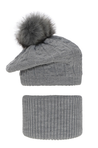 Flicka vinter set: mössa och halsduk, grå, med pompom, Koffi