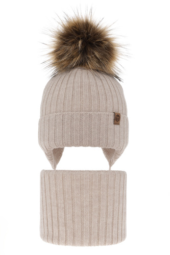 Pojke vinter set: mössa och halsduk, beige, med knytband, 100% Merino Ull, Juno