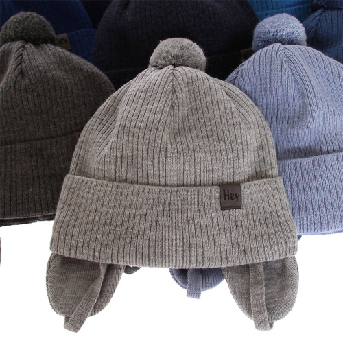 Pojke höst/vår mössa, ljusblå, med knytband, med pompom, Axel