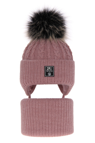 Flicka vinter set: mössa och tubhalsduk, wrzosowy, med knytband, med pompom, Melodia