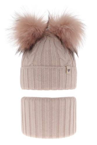 Flicka vinter set: mössa och halsduk, rosa, med två pompommar, Amala